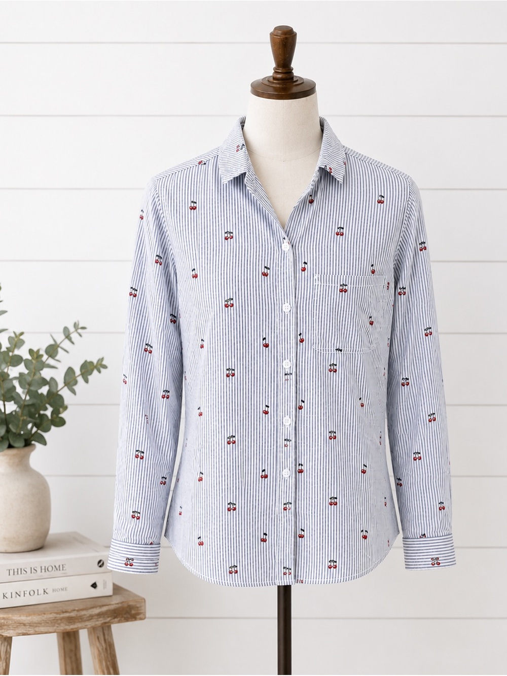 Beach Lunch Lounge striped button up striped blouse‎ with printed cherry details